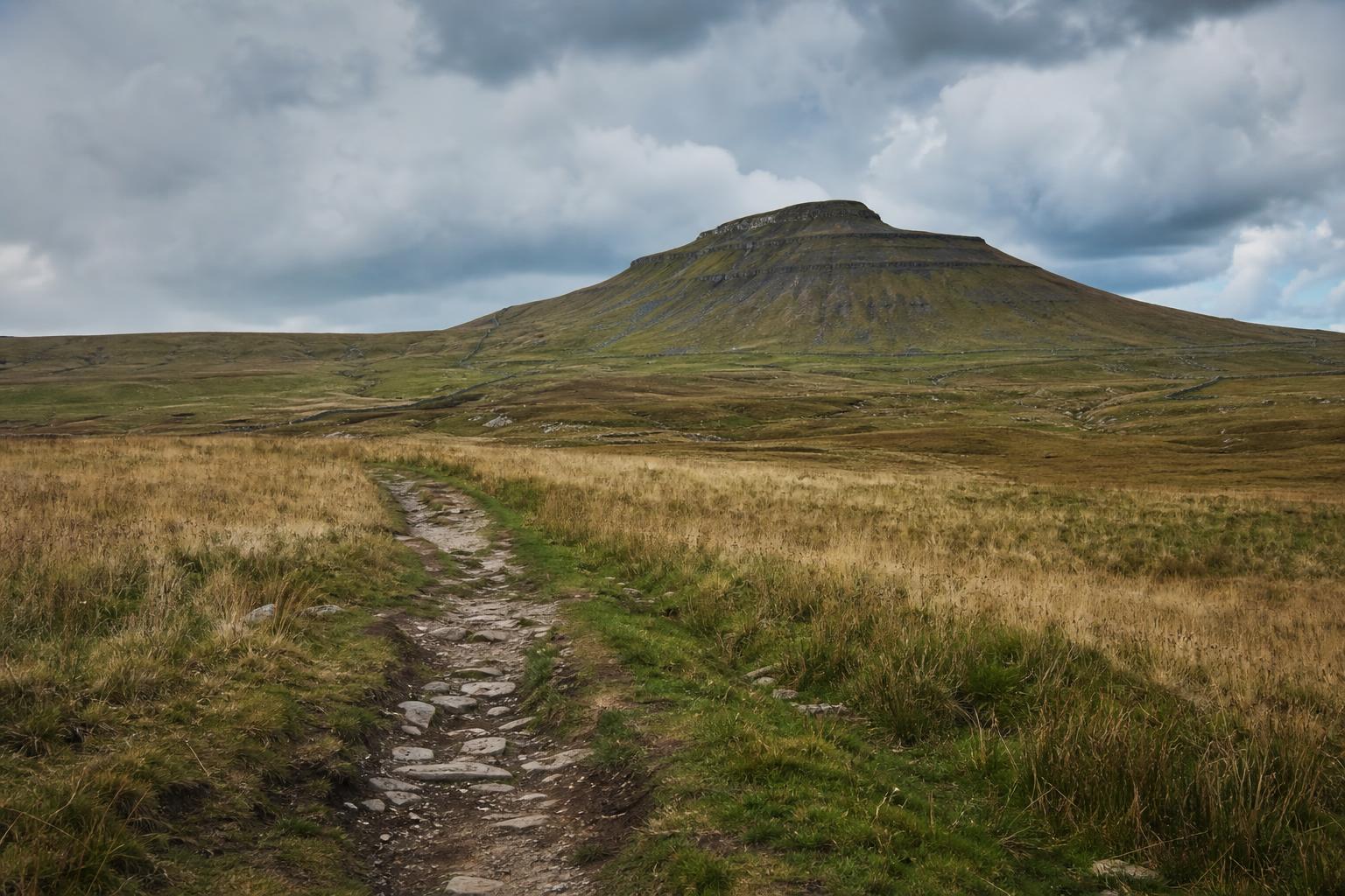 Walkers on a limestone path with Pen-y-ghent in the background