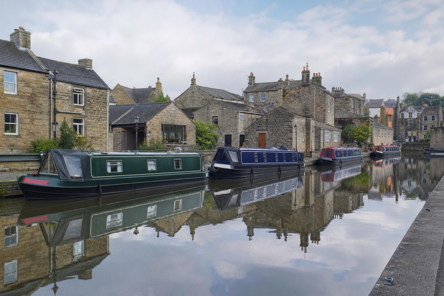 Narrowboats moored on the Leeds and Liverpool Canal at Skipton