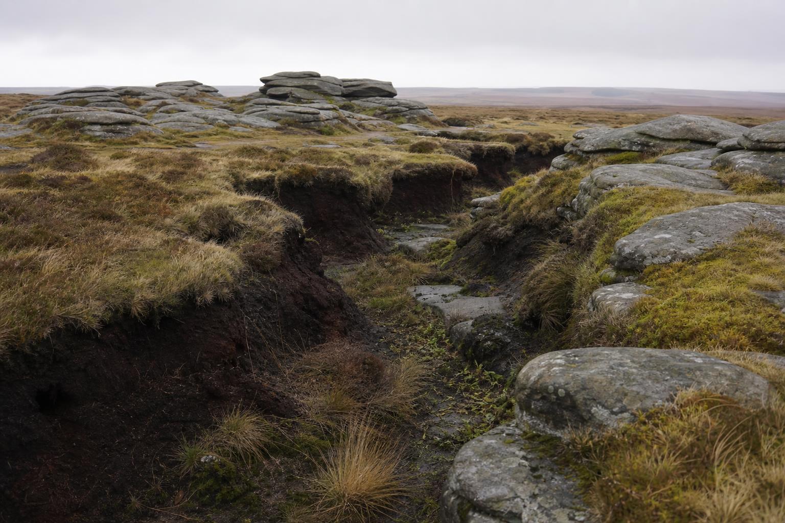 Peat groughs and gritstone boulders on the Kinder Scout plateau