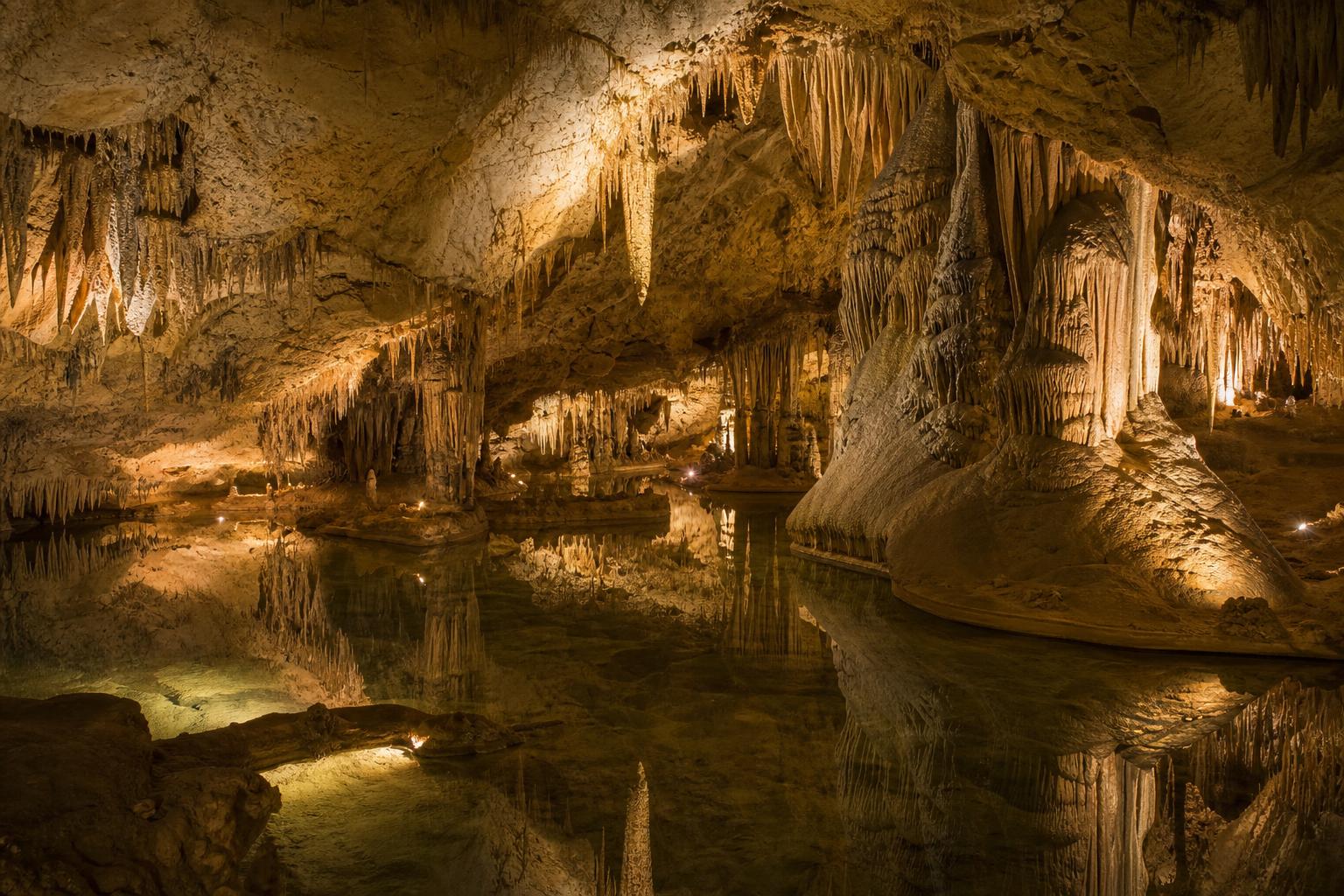 Illuminated limestone chamber inside one of Castleton's show caves